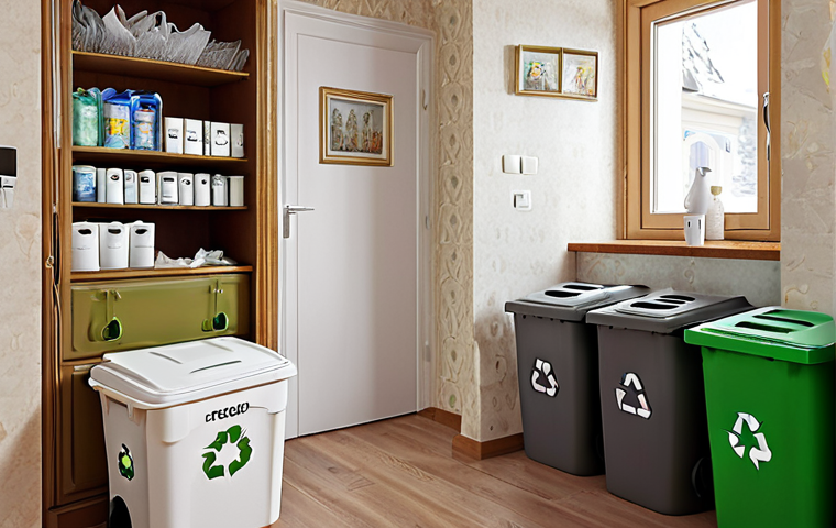 **Image Prompt:** Interior of a Russian home, showcasing labeled recycling bins for paper, plastic, glass, and organic waste. Focus on practical organization and a clean, modern aesthetic.