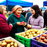 ** A modern Russian family at a farmers market, buying locally grown produce (potatoes, cucumbers, apples) from a smiling babushka. Focus on the vibrant colors of the fresh food and the interaction between the family and vendor. The scene should evoke a sense of community and healthy eating.

**