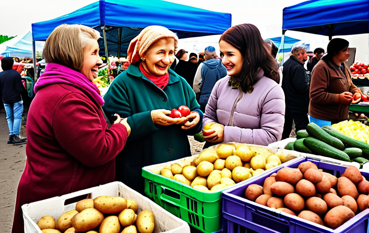 ** A modern Russian family at a farmers market, buying locally grown produce (potatoes, cucumbers, apples) from a smiling babushka. Focus on the vibrant colors of the fresh food and the interaction between the family and vendor. The scene should evoke a sense of community and healthy eating.
**