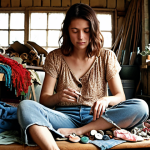 **Prompt 1 (Inspiration and Sustainability):** A cozy, well-lit creative workspace filled with various old textiles and discarded items – faded jeans, patterned fabric scraps, vintage buttons, and threads. A person, perhaps a woman in her 30s-40s, sits among them, holding a piece of fabric with a thoughtful yet inspired expression, symbolizing the potential for a "second life" for these materials. The scene evokes a sense of eco-conscious creativity, warmth, and the joy of turning waste into treasure. Bohemian and rustic aesthetics.