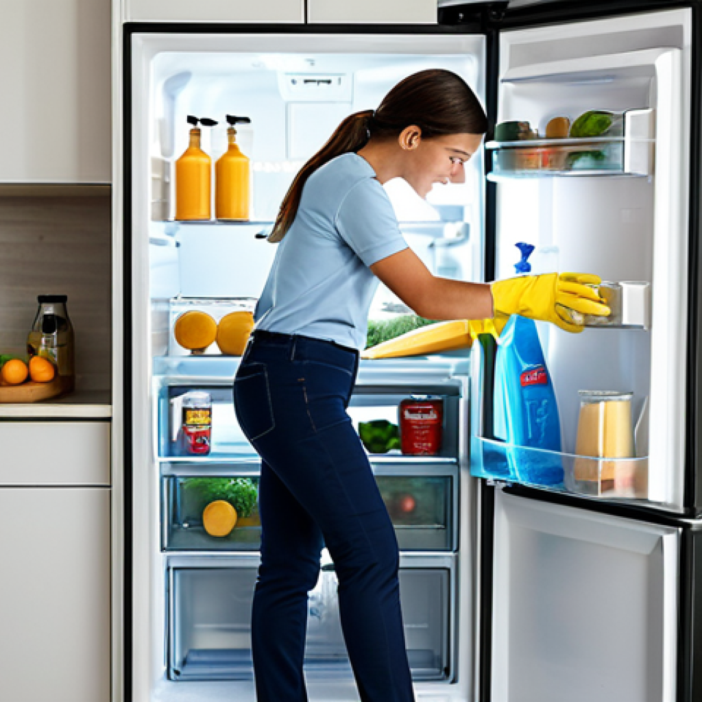 A professional individual, fully clothed in modest, appropriate attire, meticulously cleaning a modern, sparkling white refrigerator in a bright, clean kitchen. The sunlight streams through a window, illuminating the scene. The individual has well-formed hands and perfect anatomy, engaged in a natural pose. The focus is on the cleanliness and professional presentation of the appliance for sale. safe for work, appropriate content, fully clothed, professional, high quality photography, correct proportions, natural body proportions.