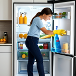 A professional individual, fully clothed in modest, appropriate attire, meticulously cleaning a modern, sparkling white refrigerator in a bright, clean kitchen. The sunlight streams through a window, illuminating the scene. The individual has well-formed hands and perfect anatomy, engaged in a natural pose. The focus is on the cleanliness and professional presentation of the appliance for sale. safe for work, appropriate content, fully clothed, professional, high quality photography, correct proportions, natural body proportions.