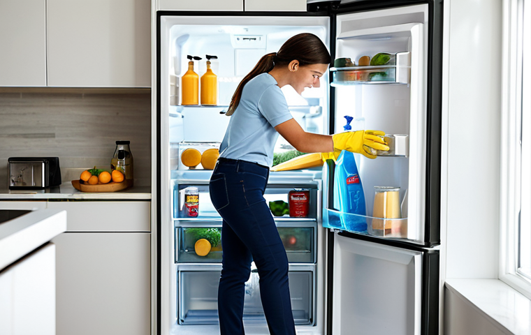 A professional individual, fully clothed in modest, appropriate attire, meticulously cleaning a modern, sparkling white refrigerator in a bright, clean kitchen. The sunlight streams through a window, illuminating the scene. The individual has well-formed hands and perfect anatomy, engaged in a natural pose. The focus is on the cleanliness and professional presentation of the appliance for sale. safe for work, appropriate content, fully clothed, professional, high quality photography, correct proportions, natural body proportions.