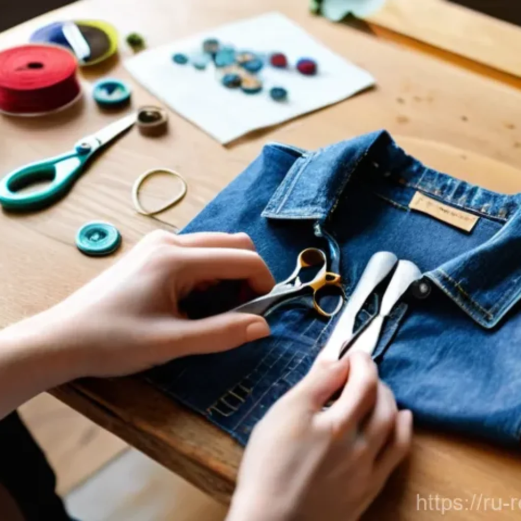 업사이클링 패션 브랜드 - **Prompt:** A creative young woman, mid-20s, actively engaged in a DIY upcycling project in her sunl...