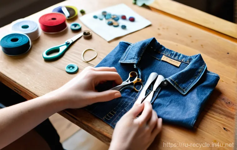 업사이클링 패션 브랜드 - **Prompt:** A creative young woman, mid-20s, actively engaged in a DIY upcycling project in her sunl...