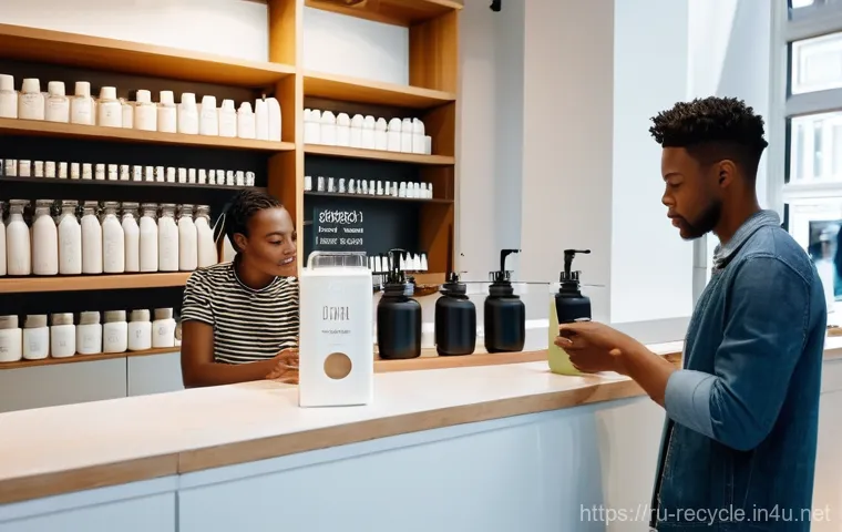 친환경 포장재 트렌드 - **Prompt:** A focused shot on a consumer's hands interacting with "smart packaging" in a clean, brig...