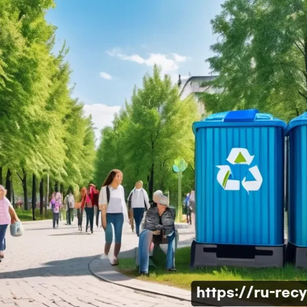 음료 캔 재활용 과정 - A bustling urban park scene in a Russian city with clearly marked recycling containers specifically ...