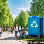 음료 캔 재활용 과정 - A bustling urban park scene in a Russian city with clearly marked recycling containers specifically ...