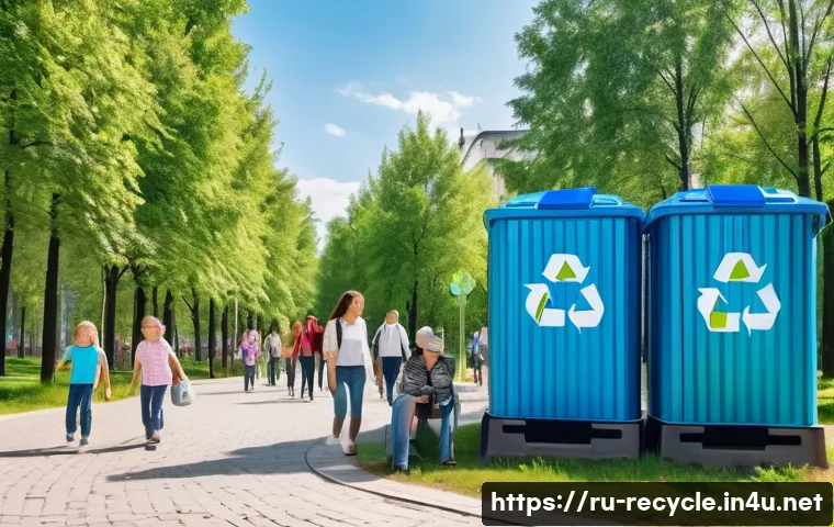 음료 캔 재활용 과정 - A bustling urban park scene in a Russian city with clearly marked recycling containers specifically ...