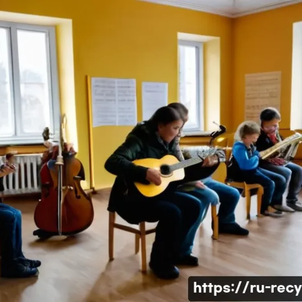 중고 악기 기부처 - A cozy local music school classroom in Russia, filled with natural light streaming through large win...