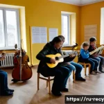 중고 악기 기부처 - A cozy local music school classroom in Russia, filled with natural light streaming through large win...