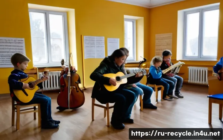 중고 악기 기부처 - A cozy local music school classroom in Russia, filled with natural light streaming through large win...