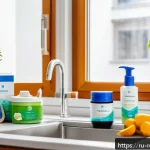 친환경 세제 브랜드 추천 - A bright, modern Russian kitchen scene featuring eco-friendly cleaning products on the countertop. T...