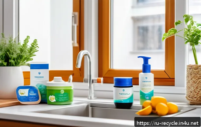 친환경 세제 브랜드 추천 - A bright, modern Russian kitchen scene featuring eco-friendly cleaning products on the countertop. T...