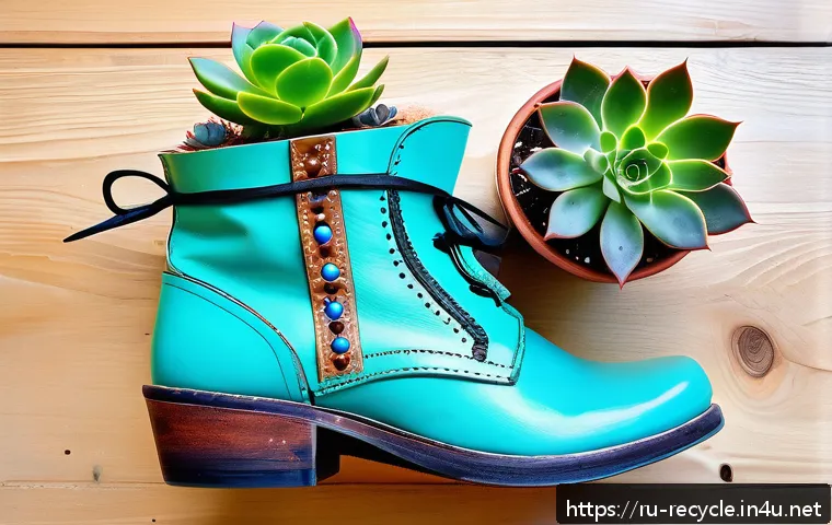낡은 신발 재활용 아이디어 - A creative indoor planter made from a pair of old leather boots, filled with vibrant green succulent...