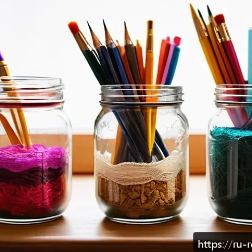 유리 용기 재사용법 - A cozy home office desk scene featuring several glass jars used as pen and brush holders. Each jar h...