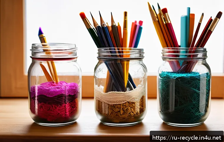 유리 용기 재사용법 - A cozy home office desk scene featuring several glass jars used as pen and brush holders. Each jar h...