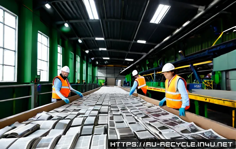 폐지 재활용 공정 - Photorealistic interior of a modern paper recycling facility in Russia, neatly bundled old newspaper...