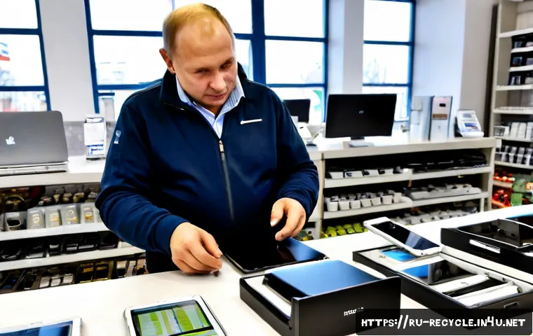 전자제품 리퍼브 시장 - Photorealistic refurbished electronics marketplace in a modern Russian city, clean display table wit...
